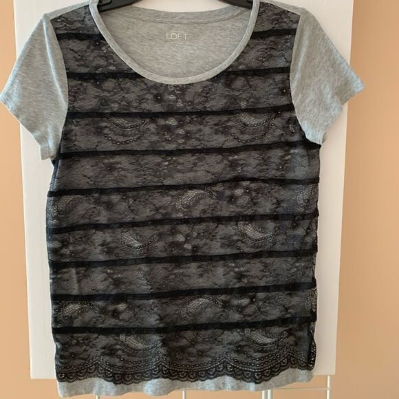 Loft t-shirt medium grey with black lace overlay - Picture 1 of 8